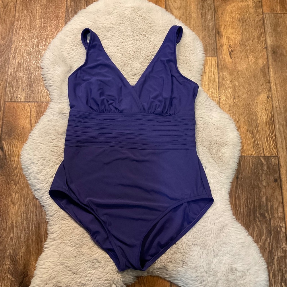 Aqua Green Swimsuit One Piece Navy Blue Adjustable Straps Flattering Mid Section